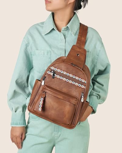 Large Sling Bag for Women, Designer 10L Leather Crossbody Purse | Anti Theft Sling Backpack, RFID Fanny Packs for Travel, Ideal for Vacation Walking Daily Errands - color: 1 Brown Retro Style