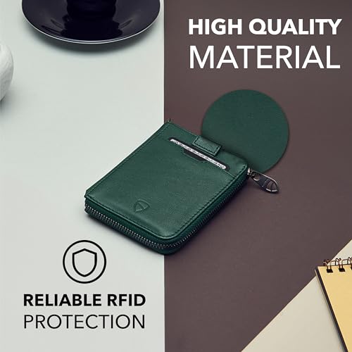 Vaultskin NOTTING HILL Slim Italian Leather Zip Around Wallet, RFID | Minimalist thin card holder for men and women, small coin purse, keychain D-ring, RFID blocking, 10 cards, cash, gift box - color: Alpine Green