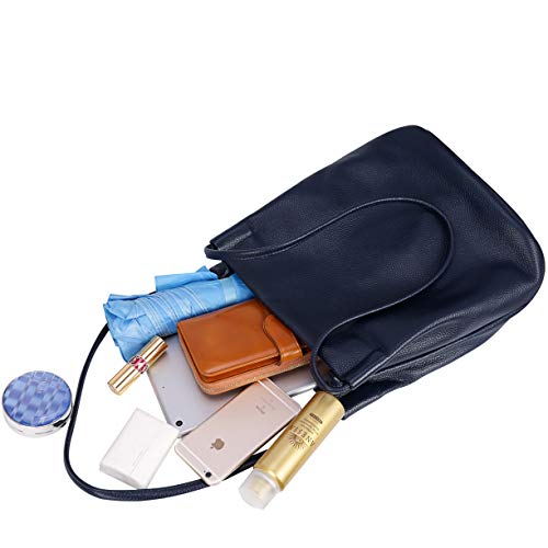 Iswee Soft Leather Tote Bucket Bag Hobo Shoulder Purse and Handbags Women | Large Size Roomy Pocketbooks Ladies Bag Everyday Bag Casual Work Travel Designer Hand Bag - color: Navy Blue-lichee