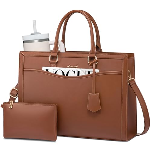 LOVEVOOK Laptop Tote Bag for Women, Large Work Computer Bag with Cup Holder - color: Leather/Brown, size: 15.6 Inch