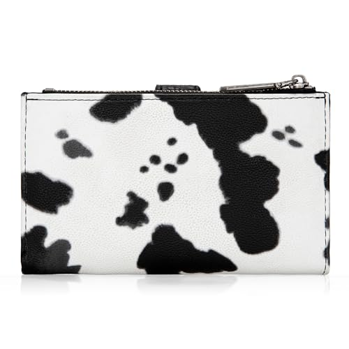 Wrangler Wallet for Women Bifold Card Holder with Zipper and ID Window - color: Cow Print - Black