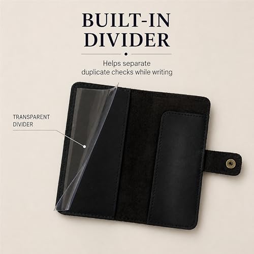 Genuine Black Leather Checkbook Cover - Handmade Check Holder with Divider & ID Window, Slim Organizer Wallet for Business, Travel & Everyday Use 3.5 x 7 - color: Black Leather Checkbook Cover