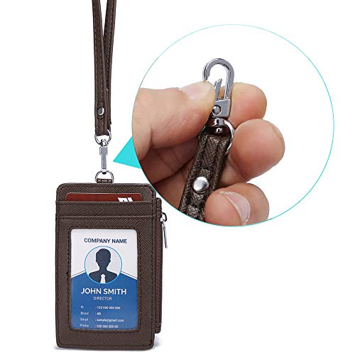 ID Badge Holder with Neck Lanyard PU Leather ID Badge Wallet Case with 1 ID Window, 4 Card Slots, 1 Side Zipper Pocket (Coffee) - color: Coffee