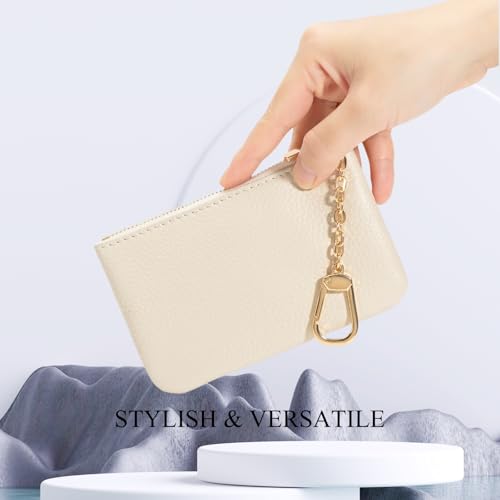 Full Grain Leather Coin Purse with Key Chain - Small Change Purse Keychain Card Holder Keychain Pouch Small Keychain Wallet for Women and Men (Creamy-white, Large Size) - color: Creamy-white, Large Size