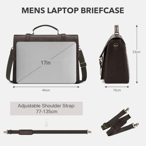 RAINSMORE Messenger Bag for Men 17 Inch Vintage PU Laptop Briefcase, Coffee | Large Capacity Work Bag with Magnetic Flap, Water-Resistant PU Leather, 3-Way Carry for Office, Business Travel & College - color: Coffee