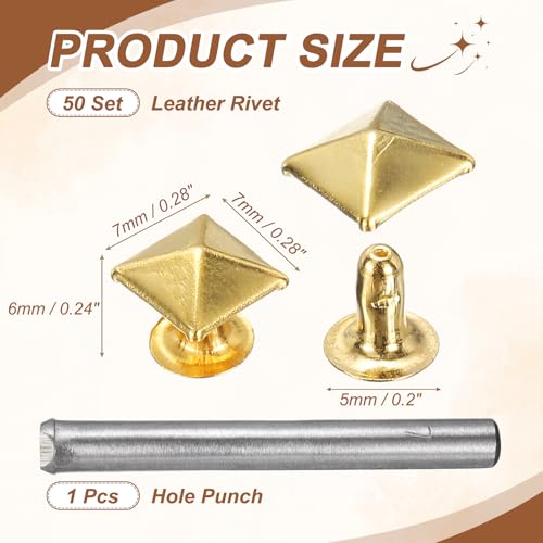 HARFINGTON 50pcs Pyramid Rapid Rivet 7mm Leather Rivets Rapid Punk Spikes Leathercraft Decoration with Hole Punch for Rock Nailheads Clothing Belts Bags Shoes, Gold - color: Gold, size: 7mm