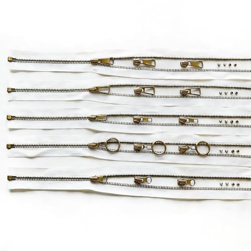 #5 Heavy Duty Metal Zipper 5 Pieces 1 Yard Long Each(White/Copper Teeth) - color: White/Copper Teeth