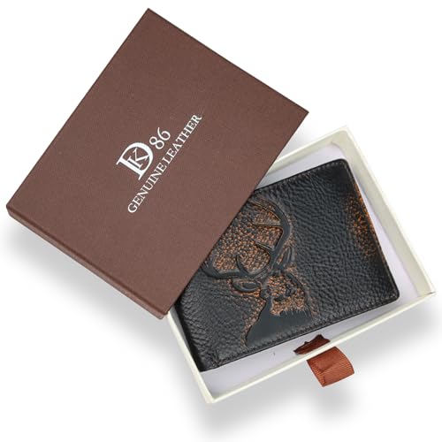 DK86 Wallet for Men Slim Rfid Bifold Genuine Leather 2 ID Window With Gift Box (black brown with deer) - color: black brown with deer
