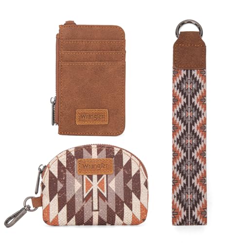 Wrangler Aztec Keychain Wristlet Wallets for Women Western Dual Pouch Wristlet Credit Card Holder Wallet with Zipper Pocket WG2213-W0051BR - color: Angel Brown
