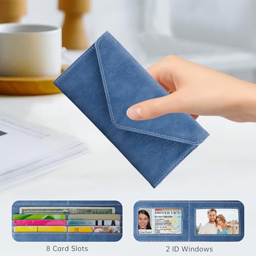 RFID Blocking Envelope Wallet, Vegan Leather Ultra Slim Trifold Multi-Card Holder with 2 ID Windows, Zippered Coin Pocket, Haze Blue - color: Haze Blue