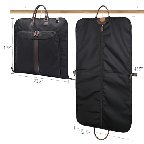 Polare Waxed Canvas Full Grain Leather Trim Garment Carry On Bag for Travel, Foldable Hanging Suitcase Weekender Dust-Proof Garment Waterproof Cover with YKK Zipper and Adjustable Strap (Black) - color: Black