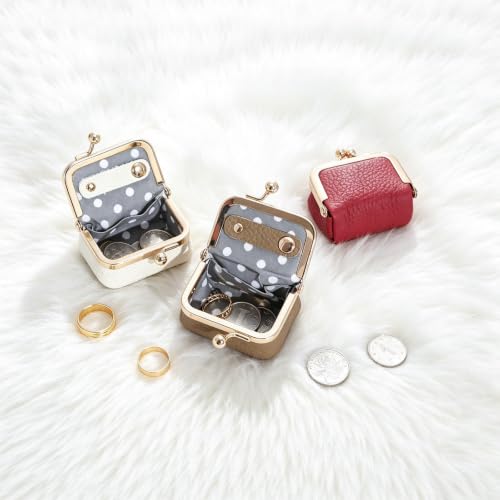 Genuine Leather Mini Jewelry Box Coin Purse for Women,Solid Color Kiss Lock Jewelry Case Organizer,Mini Travel Ring Box - color: Khaki