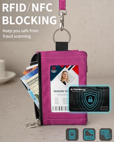 Artpaxy Minimalist Wallet For Mens Womens, Keychain RFID Blocking Zipper Small Wallet with ID Window 2 Lanyards,Water Resistant Travel Cash Card Coin Case Boys Girls - color: Dark blue+Dark pink