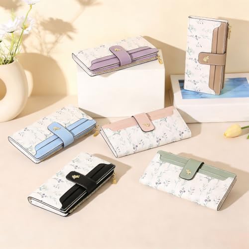 Women's Bifold Long Wallet, Slim & Thin RFID Blocking Floral Vegan Leather Card Holder with Bow Keychain (Green) - color: Green