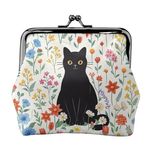 Kiss-lock Coin Purse for Women Change Purses Cute Small Coin Pouch Tiny Coin Wallet (Black Cat and Flower) - color: Black Cat and Flower