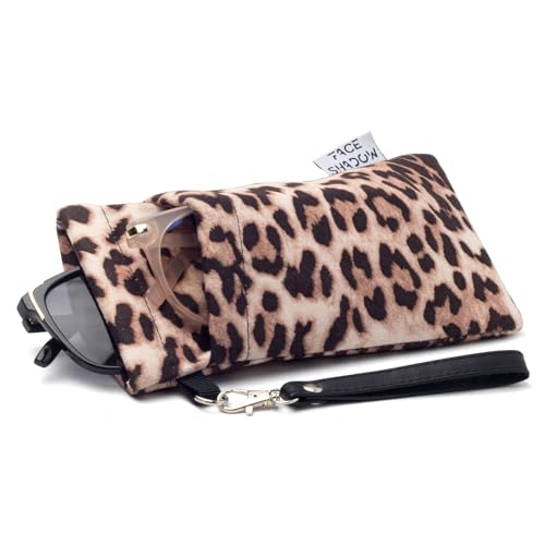 Face Shadow Double Glasses Case Soft Eyeglass Case For Women Men | Sponge-padded Lining Squeeze Top Sunglasses Case Stitched Cleaning Cloth Removable Wrist Strap for Daily Use Travel - color: Leopard Brown