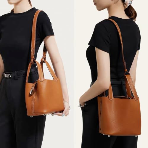 Genuine Leather Bucket Bag with Shoulder Strap, Organizer Insert & Silk Scarf for Women Handbag Tote Bag - color: Milky White-ggold