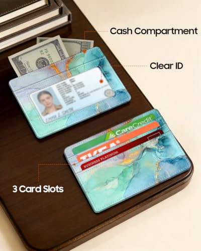FINTIE Slim Minimalist Front Pocket Wallet RFID Blocking Credit Card Holder | Card Cases with ID Window for Men Women, emerald marble - color: emerald marble