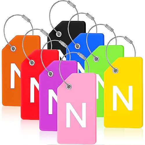 Sweetude 8 Pcs Luggage Tags Silicone Steel Loop, Letter N, Colorful - size: Letter N, style: Colorful