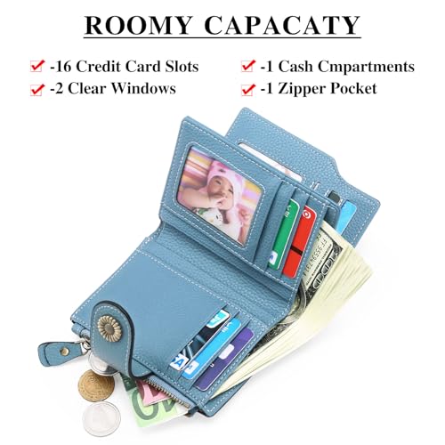 FALAN MULE Small Wallet for Women Leather Bifold Compact Small Womens Wallet with RFID Blocking - color: Light Blue