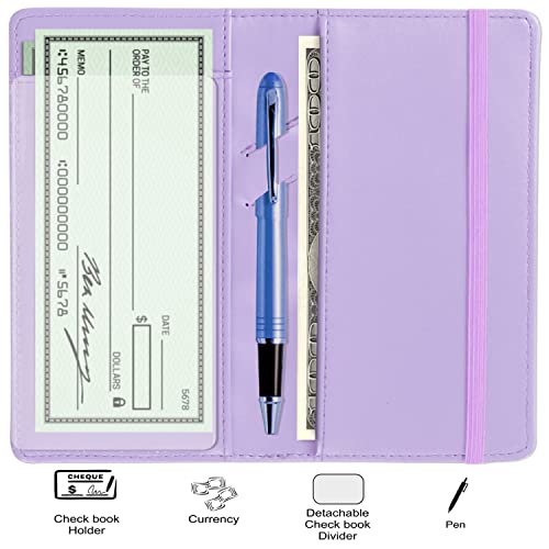 LOLOMLO PU Leather Checkbook Cover for Register Duplicate Checks, RFID Blocking Checkbook Holder with Elastic Strap & PVC Flap for Men and Women, Purple, Simple Style - color: Purple, style: Simple Style