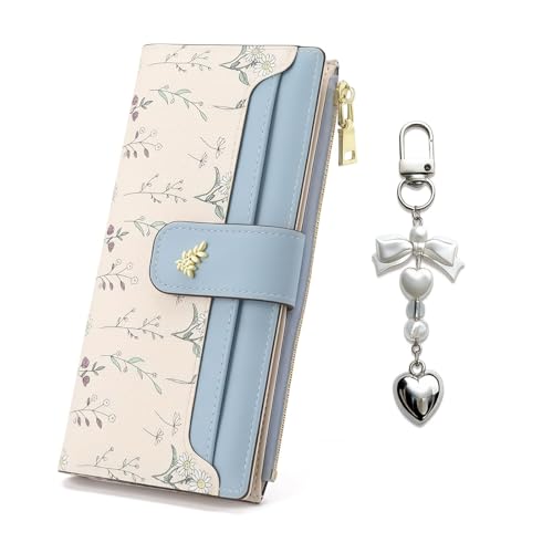 Women's Bifold Long Wallet, Slim & Thin RFID Blocking Floral Vegan Leather Card Holder with Bow Keychain (Blue) - color: Blue