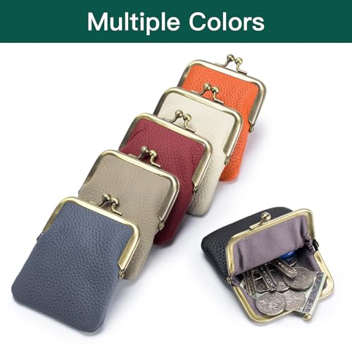 Genuine Leather Kiss Lock Coin Purse, Mini Wallet with Metal Clasp Frame, Small Change Holder，gift for women men (Gray) - color: Gray