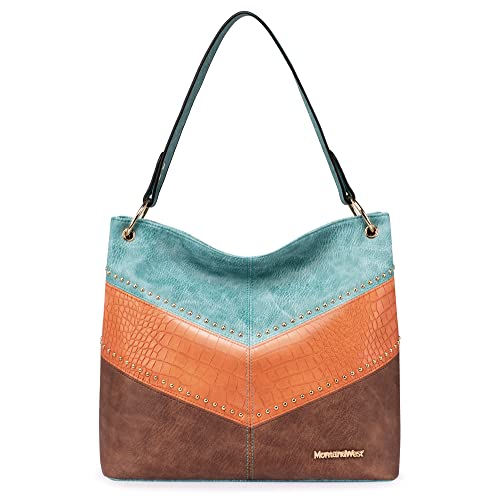 Purses for Women Hobo Bags Slouchy Shoulder Bag Tote Handbags | Stylish for Everyday Use, Zip-top Closure, Back Anti-theft Pocket, 3 Inner Pockets, Comfortable Wide Strap for Dating Errands - color: B-light Blue/Orange/Brown