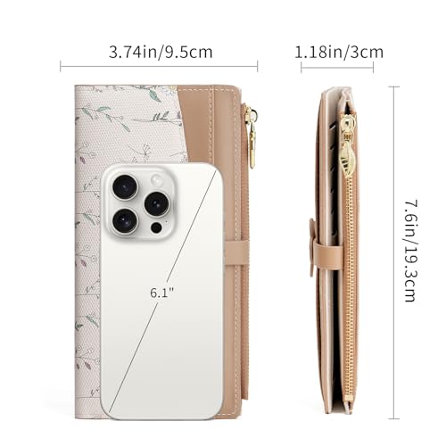 GAEKEAO Womens Wallet Slim Thin RFID Blocking Bifold Floral Vegan Leather Card Holder Large Capacity Wallet with Zipper Pocket - color: Y-Khaki