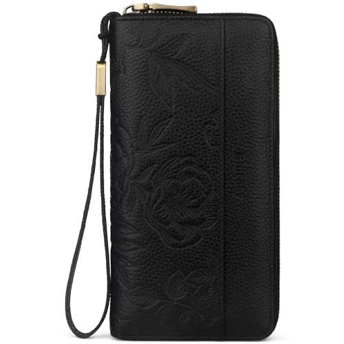 Leather Wallet Women With Embossed Flowers,RFID Blocking Wristlet | Large Capacity With 12 Credit Card Slots,Zip Coin Pocket,Cash Pocket,Detachable Wristlet,Daily Shopping Travel Wallet Black - color: a3-black