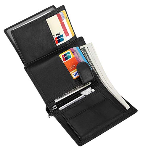 Trifold Billfold RFID Blocking Cowhide Leather Wallet for Men 10 Card Slots 2 ID Windows with Coin Pocket - color: Black