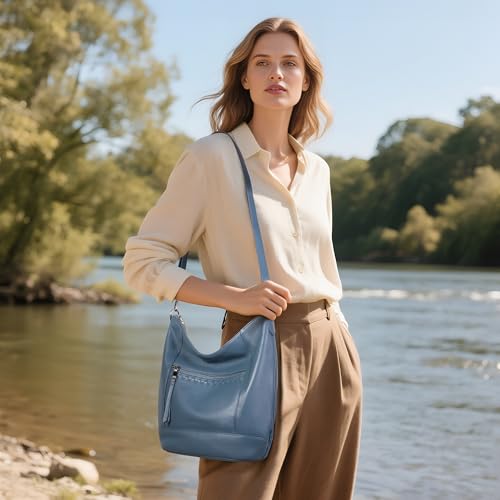 befen Genuine Leather Crossbody Hobo Purse for Women Soft Lightweight Leather Handbags with 2 Removable Straps - color: Blue