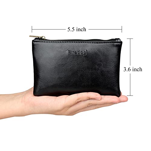 FIREDOG Leather Storage Pouch Zipper Case Handmade Vintage Organizer Carrying Travel Wallet Roll-Up Holder for Coins Cables Small Accessories Black Regular Size - color: Black