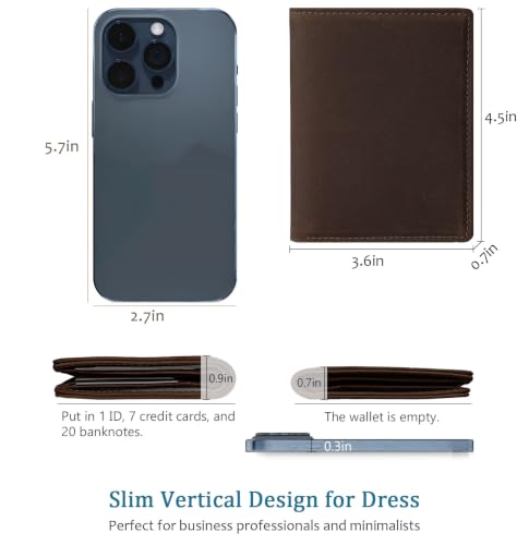 RFID Blocking Vertical Front Pocket Bifold Travel Wallet for Men | Full Grain Leather Wallet with ID Window, 7 Card Slots, 2 Cash Pockets, Minimalist Compact, Gift Box Dark Brown - color: Dark Brown