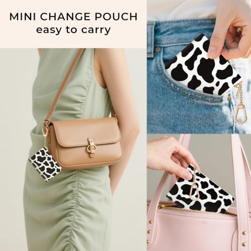 Cow Keychain Coin Purse for Women, Small Key Chain Change Pouch | Cute Zipper Purse, Little Tiny Zip Pocket, PU Leather, Travel Wallet for Girls, Coin Cash Holder, Metal Key Ring, Women Gifts - color: Cow