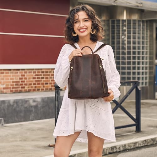 S-ZONE Leather Backpack Purses for Women Antitheft Rucksack Shoulder Bag Medium | Genuine Leather, Medium Fits 9.7-inch Tablet, for Work Travel Daily Commute, Multi Pockets, Adjustable Dual Straps - color: 3-deep Brown