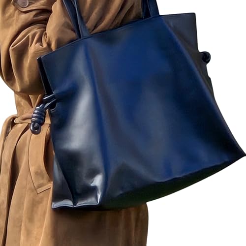 Leather Drawstring Tote Bag, Black Genuine Leather Shoulder Bag with Magnetic Snap Closure, Elegant Travel Work Handbag