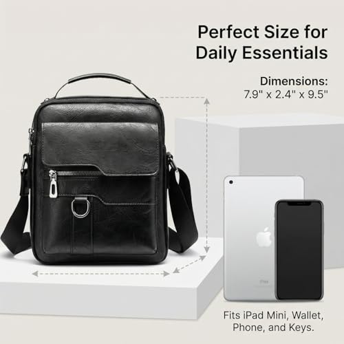 Crossbody Bag for Men, PU Leather Shoulder Messenger Bag with Handle - color: Black