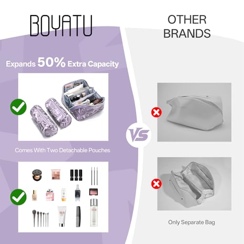 BOYATU Makeup Bag, Makeup Organizer, Toiletry Travel Bag for Women - Purple | 3 Pcs Vegan Leather Cosmetic Bag with Compartments - Waterproof Large Capacity Toiletry Bag - 180° Open-Flat Makeup Organizer - color: D-3-Purple