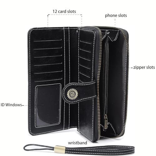 Women Leather Wallet Crossbody Shoulder Bag with Double Zipper and Mobile Phone Purse with Shoulder Strap - color: 665-black