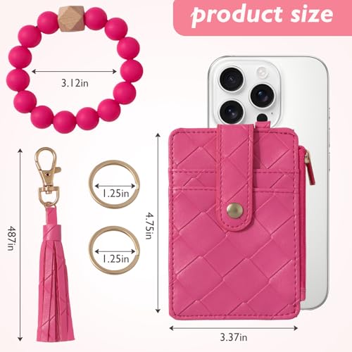 Snycler Solid color Beaded Wallet Wristlet Card Holder- Zip Card Wallet & Keychain with Tassel Accessory Gift - color: Magenta