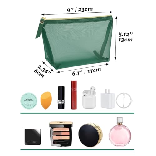 3pcs Mesh Cosmetic Bags, Nylon Makeup Pouches with Leather Pull and Golden Zipper for Purse Diaper Bag (Emerald Green) - size: Vertical