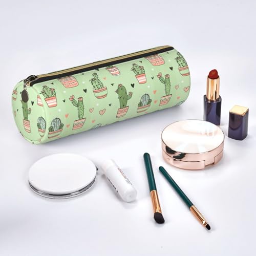OSAM SPACE Leather Pencil Case Round Pencil Bag Cactus Heart Pen Organizer Holder Portable Zipper Pouch Cute School Supplies for Girls Boys Study Office - color: Cactus Heart