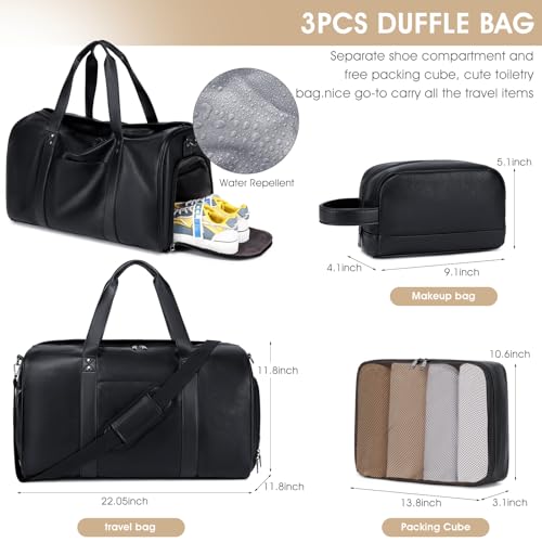 3PCS Faux Leather Weekender Bag for Women Men Travel Bag Overnight Bags | Leather Travel Duffel Bags for Traveling with Shoe Compartment Toiletry Packing Cube Carry On Tote Bag Men Fit 21.5" Laptop - color: Black
