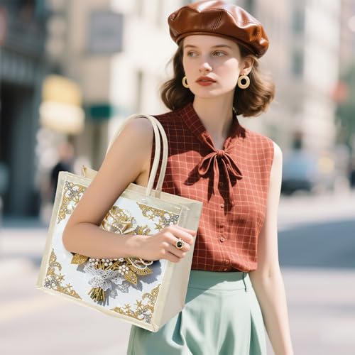 Xylzzuit DIY Pearl Painting Canvas Tote Bag Kit 11.42IN Diamond Art Handbag for Women Shopping Grocery Bag Dots Beads Art Craft Gift (Flower01) - color: Flower01