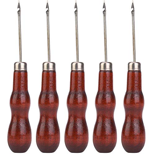 Sewing Hook Awl,5PCS Wooden Handle Awl Hole Punch Sewing Stitching Awl Tool Shoe Repair Tool Leather Sewing Crochet Awl for DIY Leather Craft Sewing