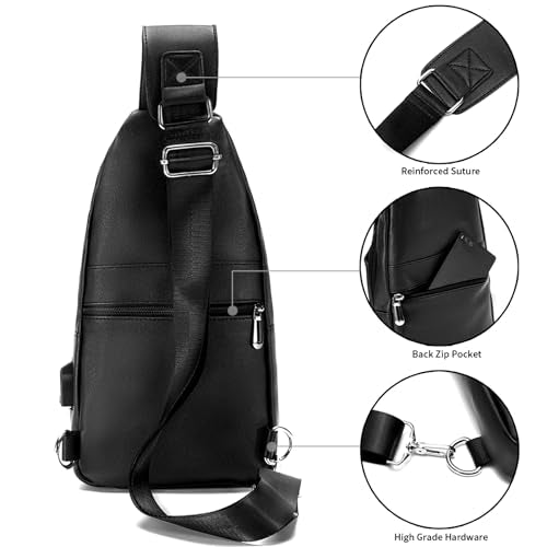 Seoky Rop Men Leather Sling Bag Purse Waterproof Crossbody Chest Bag Sling Backpack with USB Charging Port One Shoulder Bag Black - color: Black