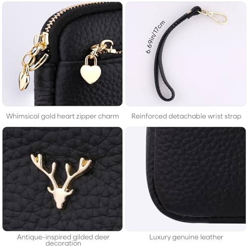 Genuine Leather Wristlet Wallets for Women Clutch Purse with Detachable Strap Slim Phone Wallet for Travel Wedding - color: Black