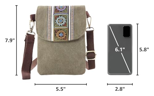 SILKAREA Vintage Embroidered Canvas Flip Small Crossbody Bag Cell Phone Pouch for Women Wristlet Wallet Bag Coin Purse - color: Army Green