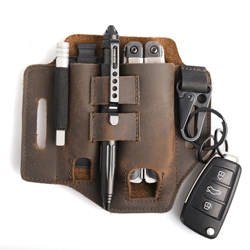 Gentlestache Multitool Belt Sheath, EDC Leather Belt Organizer, Belt Holder with Multitool Pouch, Flashlight Holder, Pen Holder and Keychain Clip, Practical EDC Belt Pouch for Men - color: B-Dark Brown